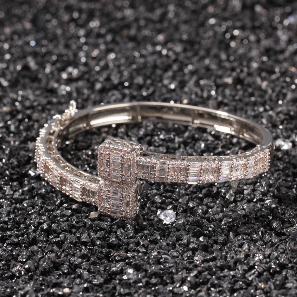 Silver open square silver rhinestone bangle, Baguette cuff bracelet,Opened - Picture 4 of 5